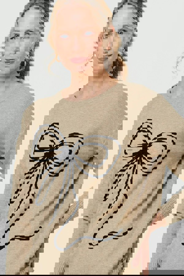 Beige | Bow Embellished Drop Shoulder Knit Jumper