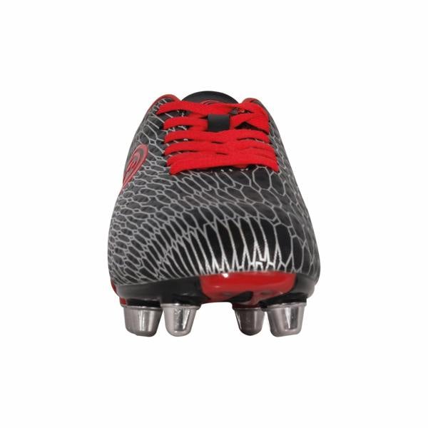 Black Optimum Viper rugby boot, front view showing red laces, silver web print and metal studs on white - Optimum