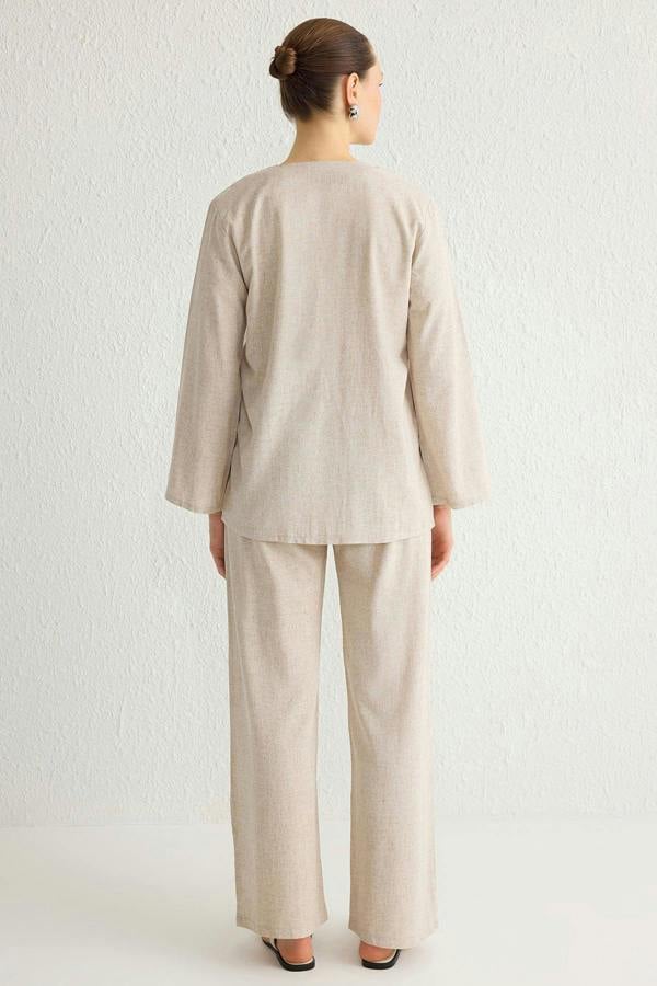 2-Piece Linen Look Tie Detail Top and Wide Leg Trouser Co-ord Set