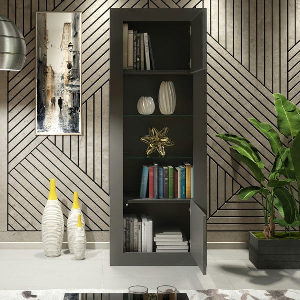 Mex Furniture Modern Display Cabinet 170cm – Grey Body & Grey Gloss Doors