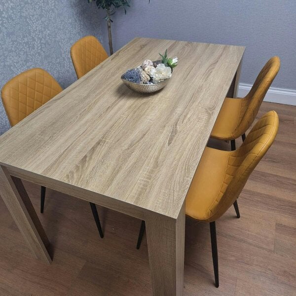 Kosy Koala Oak Effect Dining Table Set With 4 Mustard Gem Pattern Chairs Dining Room Furniture