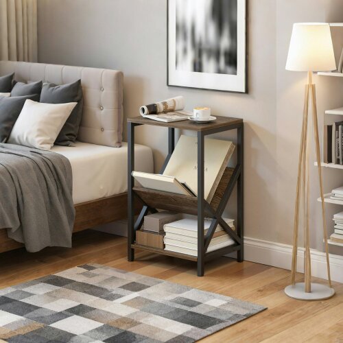 Wyld Haus Elfi Nere Wooden Oak Narrow Side Table With 3 Tier Storage and V Shaped Magazine Holder 40 x 30 x 61 cm