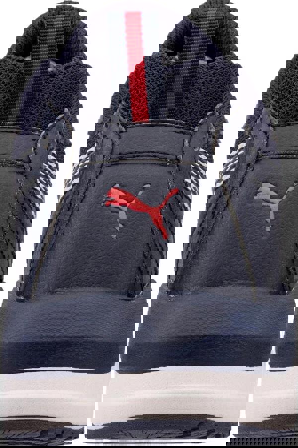 PUMA Safety PUMA Shift S1P Mens Composite Toe Midsole Work Shoes Trainers, close-up of navy blue athletic shoe with red Puma logo and striped pull tab at heel.