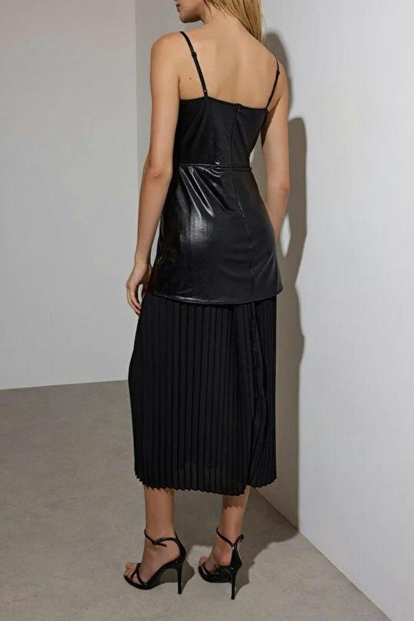WOVCOR Faux Leather Dress with Pleated Chiffon Skirt