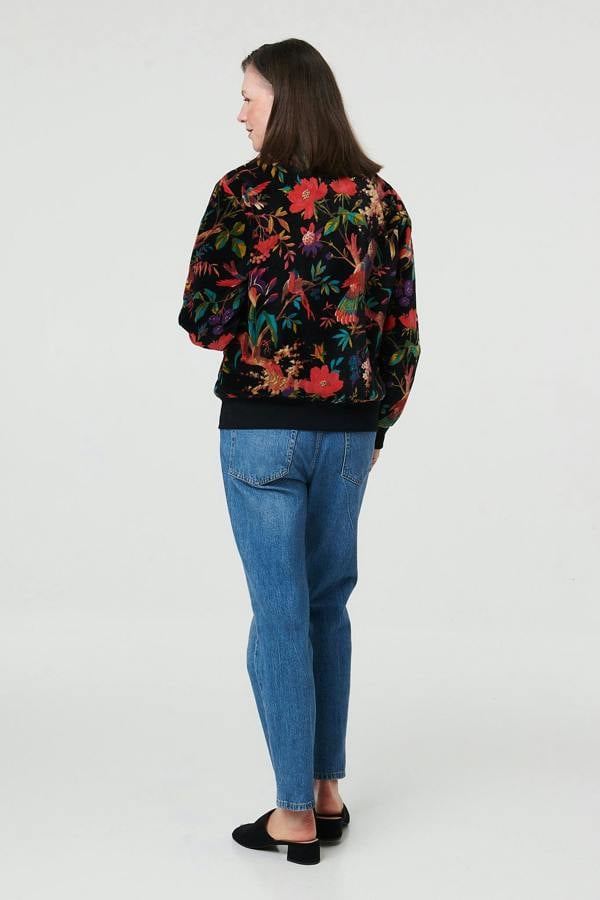 Black | Tropical Print Relaxed Zip Front Jacket
