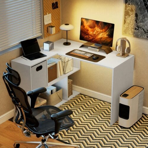 HOMCOM L Shaped Computer Desk, 110 x 100cm Reversible Corner Desk, White