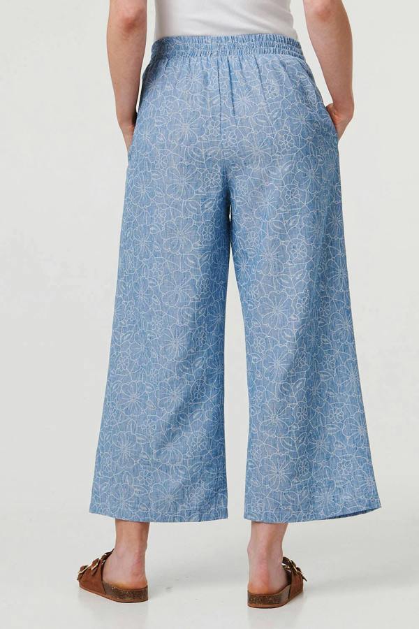 Blue | Floral Shirred High Waist Wide Trousers