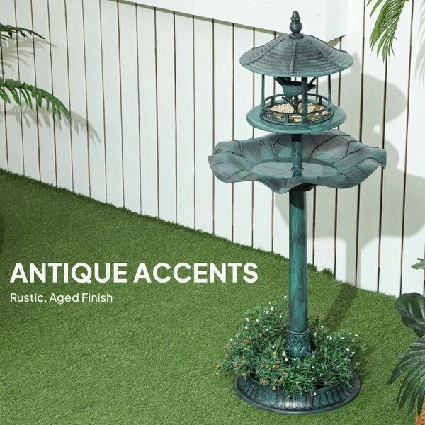 3-in-1 Garden Bird Bath, Freestanding Birdbath with Large Water Basin, Underneath Flower Planter, Φ50 x 113 cm, Green