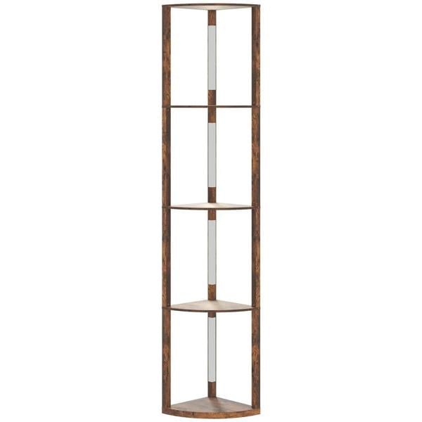 Rustic brown three-tier corner floor lamp with open wooden frame and three shelves