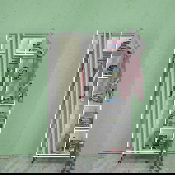 Furniture To Go Uppsala Open Mobile Wardrobe Unit in White with a Beige Textile Curtain on Wheels