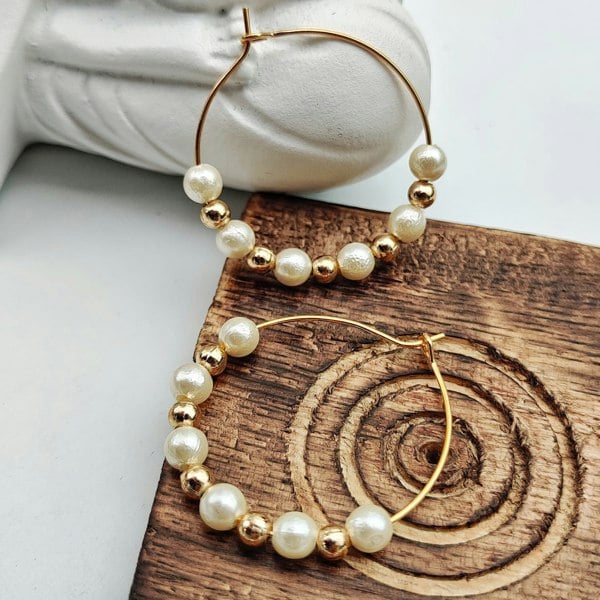 The Colourful Aura Gold White Beaded Dainty 30mm Bali Asian Indian Boho Summer Hoop Earring