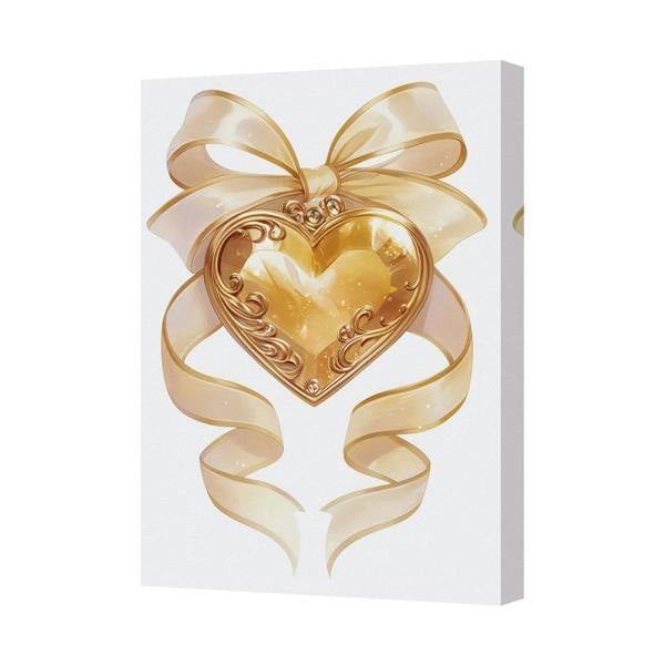Benjamin Tate Design Golden Heart Pendant Canvas Wall Art With Ribbon Bow Gift