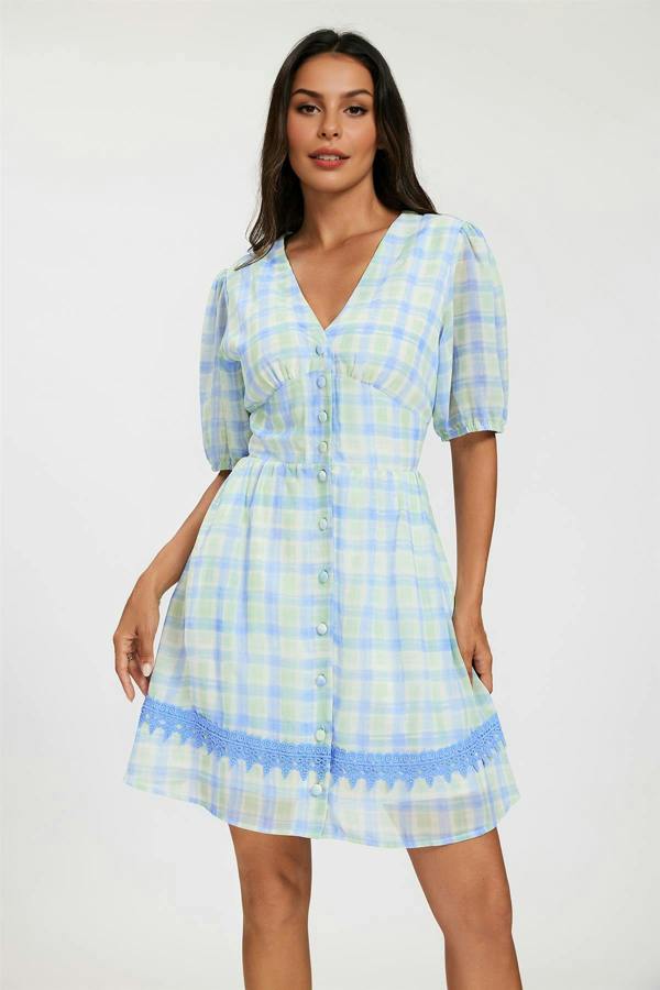 FS Collection Gingham Lace Detail Mini Dress In Green