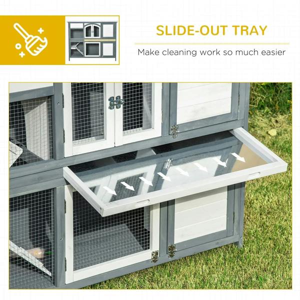 Grey rabbit hutch with slide-out cleaning tray beneath lower wire-mesh level