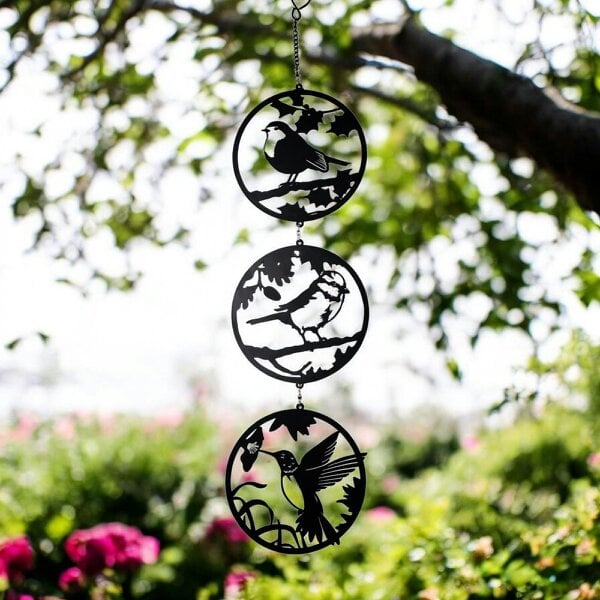 EDH Door Hardware Black Bird Silhouette Hanging Trio Spinner – 60cm x 15cm | Kinetic Metal Wind Spinner for Garden & Home