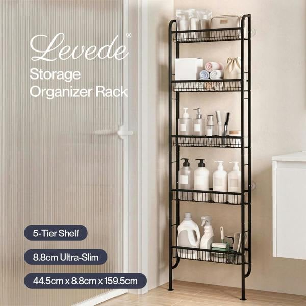 Levede Behind Door Storage Organiser Narrow 5-Tier Bathroom Shelves Steel Black