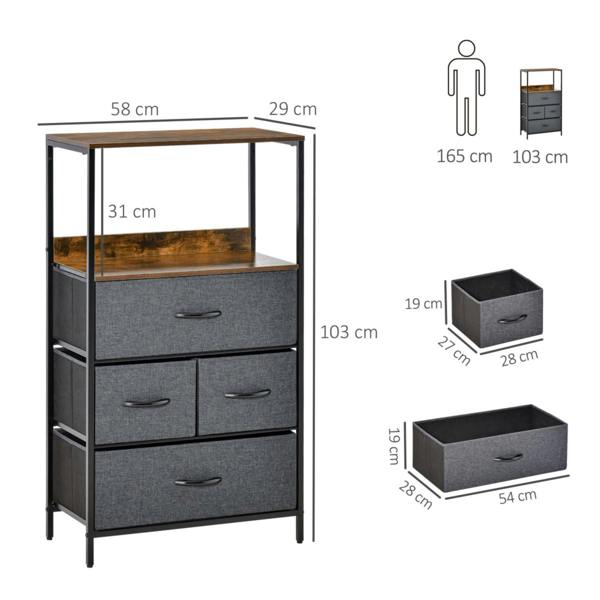 Dyzi 4 Drawer Storage Chest Unit with Shelves Fabric Drawers Black
