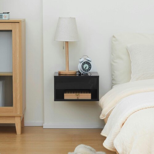 Wyld Haus Fisaro Set Of 2 High Gloss Black Floating Bedside Tables 1 Drawer 1 Shelf