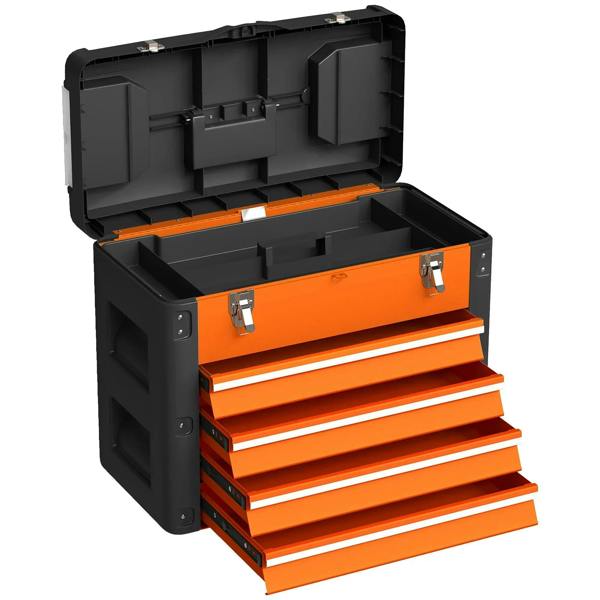 Large orange 4-drawer toolbox with open lid and stacked orange drawers