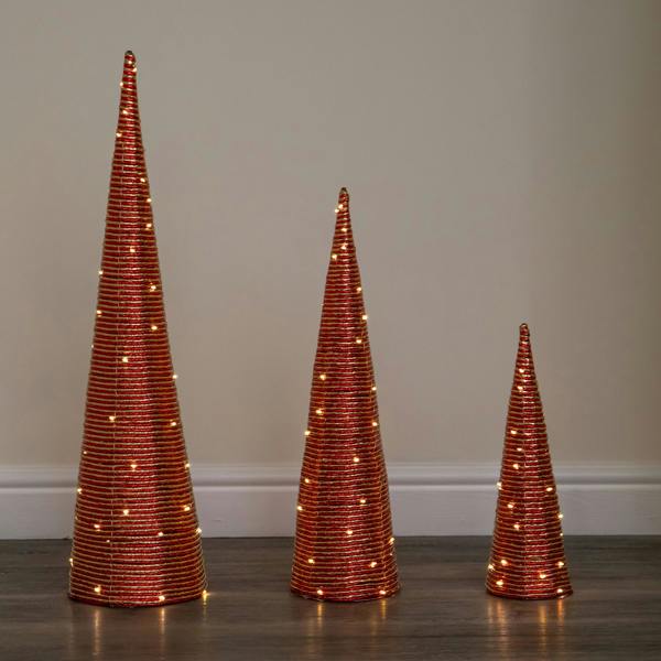 Samuel Alexander Set of 3 Light Up Christmas Cone Trees with Warm White LEDs & Timer