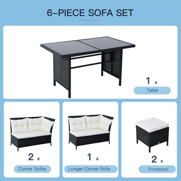 Wyld Haus Semapa Rattan Black 8 Seater Corner Dining Sofa Set With Coffee Table Footstool And White Cushions