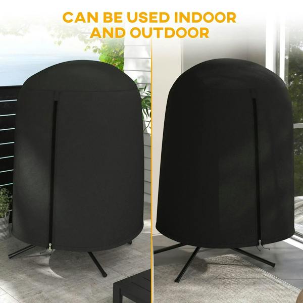 Black egg chair cover with arched canopy and zip front, suitable for indoor/outdoor