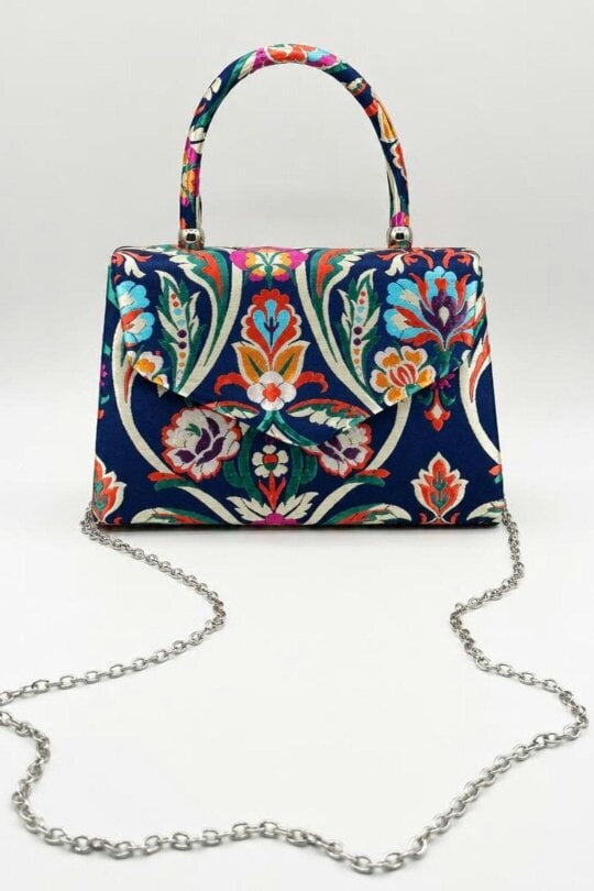 SVNX Floral Satin Embroidered Top Handle Bag in Navy