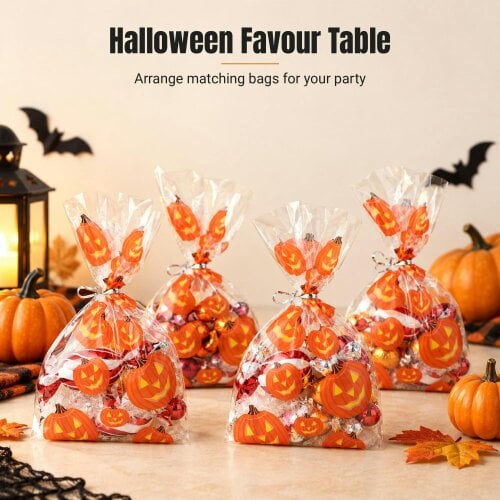 Shatchi 13x30cm Pumpkin Cello Gift Bags with Twist Ties, Pack of 20 for Halloween Treats