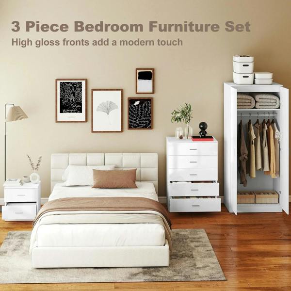 White high-gloss 3-piece bedroom furniture set with bed, dresser, bedside tables, wardrobe