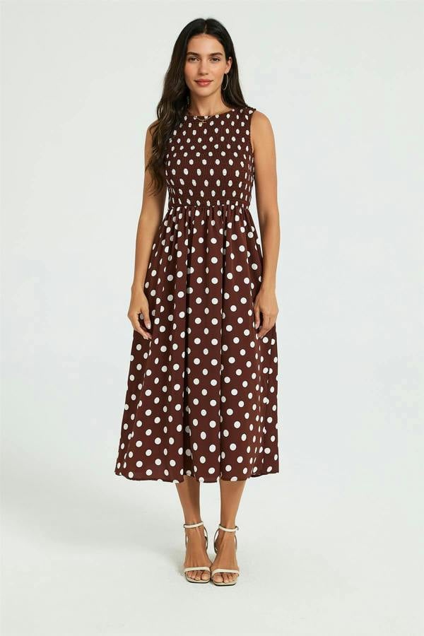 FS Collection Dot Print Tie Back Sleeveless Shirred Top Midi Dress Brown