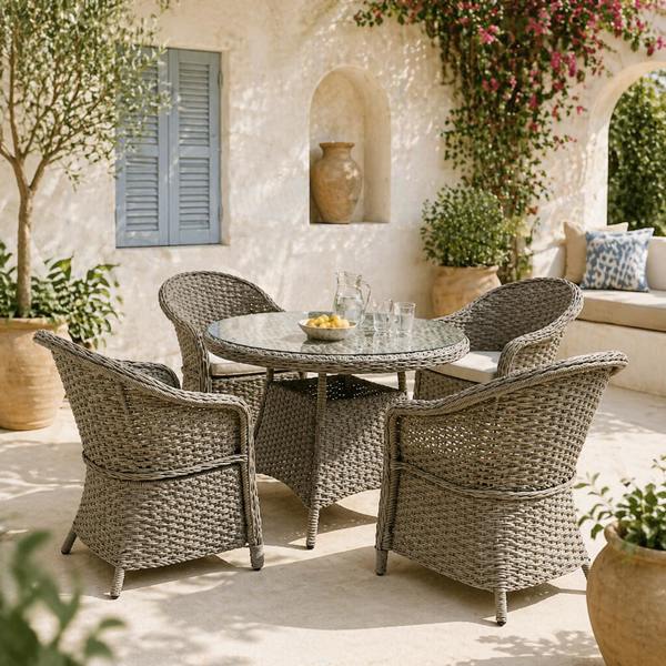 Wyld Haus Vifi Rattan Grey 4 Seater Outdoor Dining Set With Glass Table And Cushions