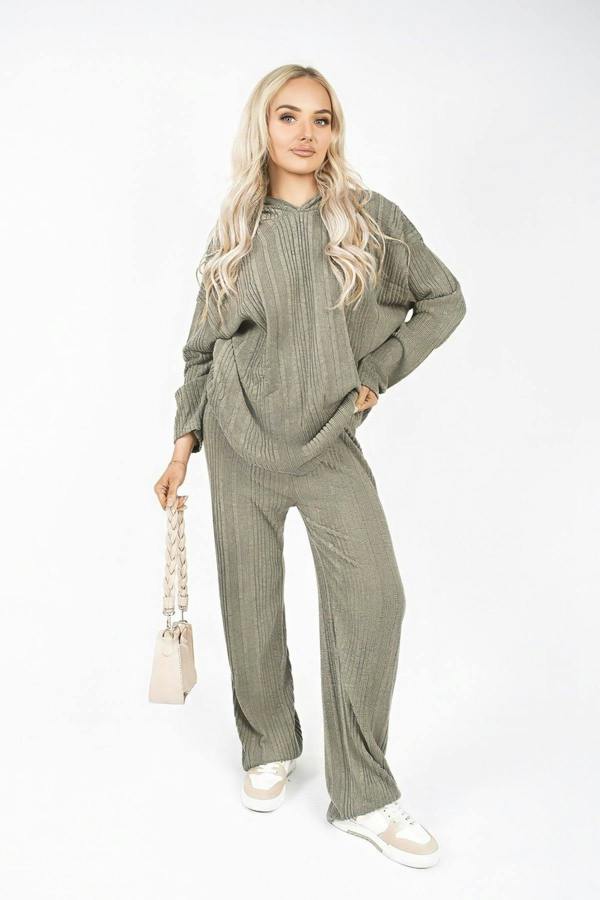 Zayana Hooded Ribbed Oversized Top And Wide Leg Lounge Co-ord Set - Khaki