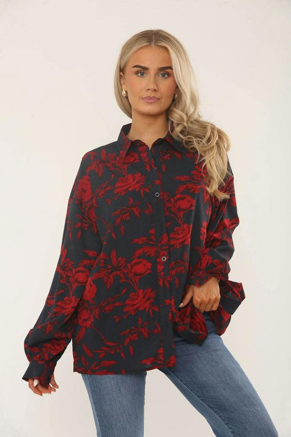 Elaina Fashion Black & Red Floral Print Oversized Blouse – Long Sleeve Button-Up