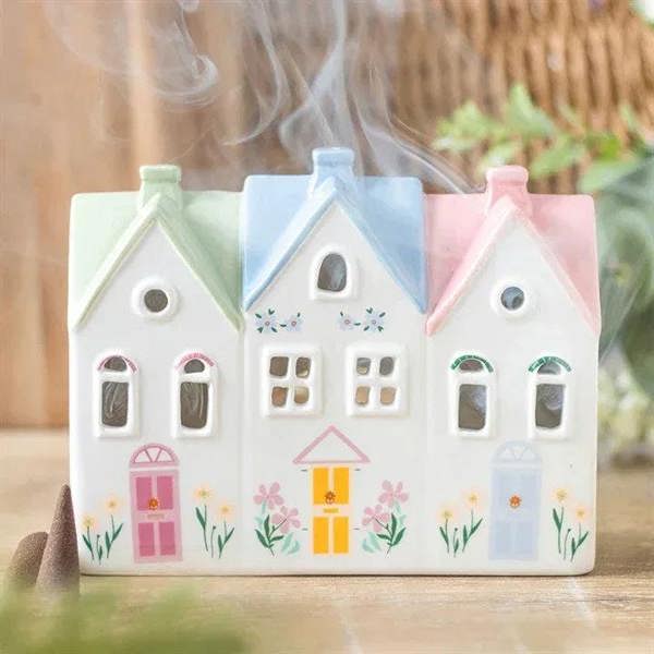 House incense burner and tealight holder, three pastel houses with window and door cutouts