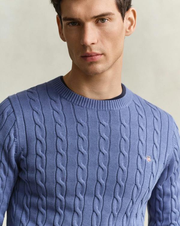 GANT Mens Cotton Cable Knit Crew Neck Jumper - 476 Blue Horizon | CHO | Designer Mens Jumpers