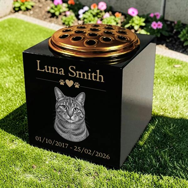 Memorials Direct Cat Memorial Granite Photo Vase