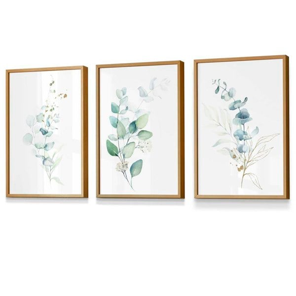 Artze Wall Art Set of 3 Framed Eucalyptus Blue Green and Gold Splash Prints