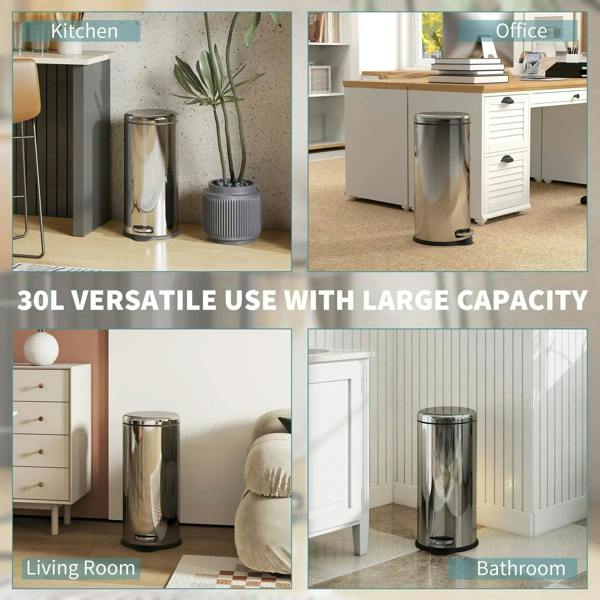 Silver stainless steel 30L foot pedal bin with black pedal base and round lid