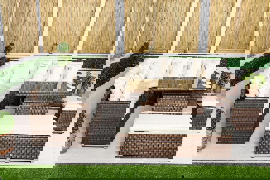 Giardino Santorini 6 Seat Modular Corner Sofa Rattan Garden Furniture Set Outdoor Height Adjustable Coffee Table, Bench and Stool