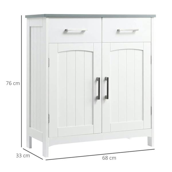 White freestanding bathroom cabinet with two drawers above double doors and vertical metal handles