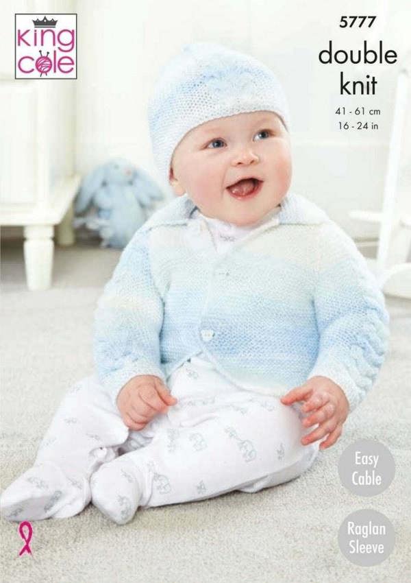 King Cole Baby Pure DK Knitting Pattern 5777, Cardigans, Headwear for Baby, 16 - 24 Inches