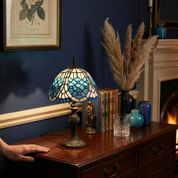 Sleek Hand Crafted Beaded Tiffany Table Lamp in Midnight and Sky Blue Image 6