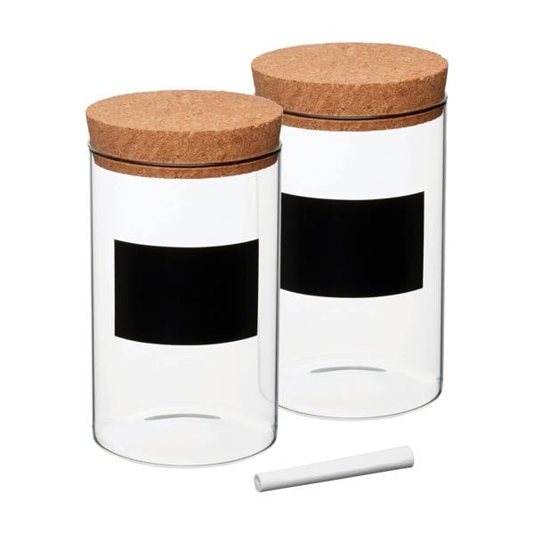 KitchenCraft Natural Elements Medium Storage Canisters, Set of 2 Glass Storage Jars with Cork Lids and Chalkboard Labels, Clear, 1 Litre