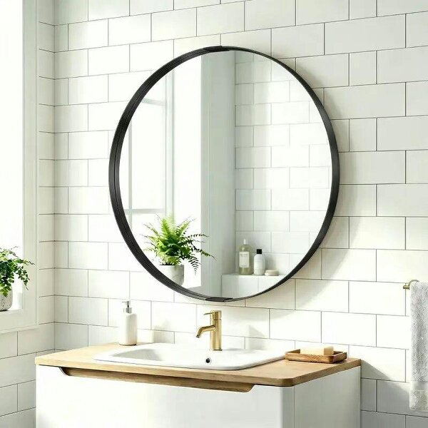 Round Wall Mirror 61 cm, Wall Mounted Bathroom Mirror with Tempered Safety Glass and Aluminium Alloy Frame, Black - Black