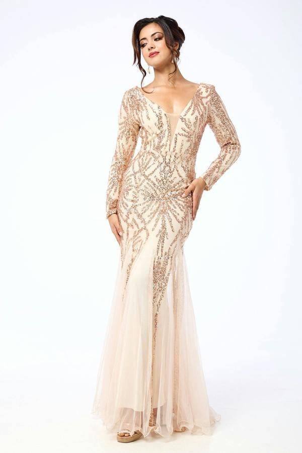 LuvForever Aya - Gold Long Sleeve Sequin Maxi Dress