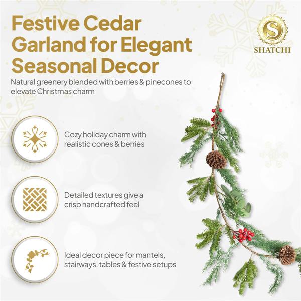 18cm Green Cedar Christmas Garland with Red Berries and Pinecones for Indoor or Outdoor Display image 8