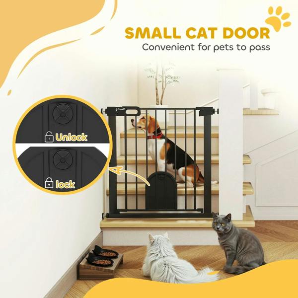 Black pet safety gate with cat flap and lock/unlock icons over the gate