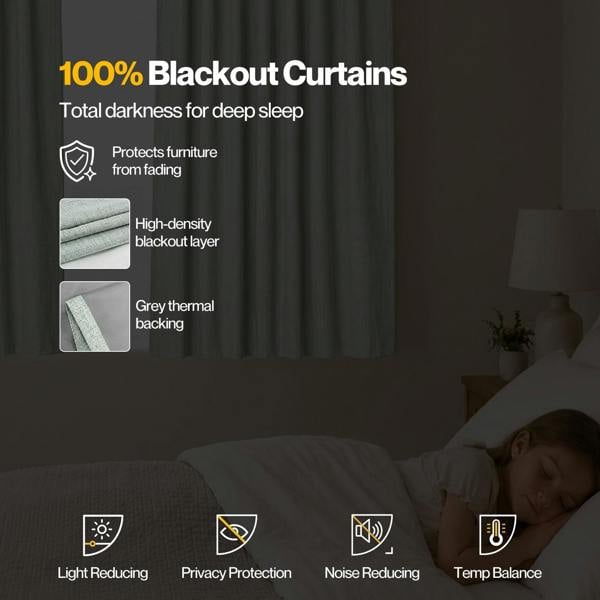 Marlow 100% Blackout Curtains Thermal Linen Look Pair Ready Made 46x54 in Green