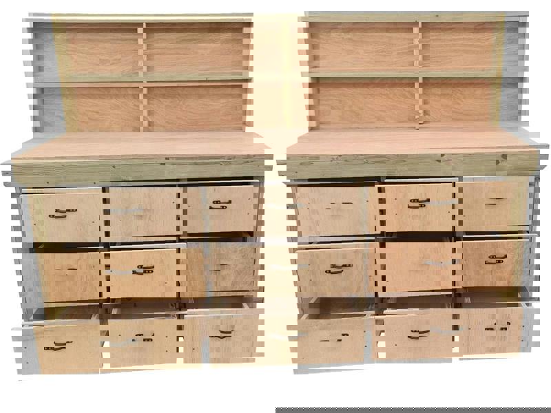 Wooden eucalyptus Top Workbench – Sturdy Tool Cabinet with Multiple Drawers for Organized Storage and Back Panel, Ideal for Dry Indoor Spaces Such as Garages, Workshops, and Studios