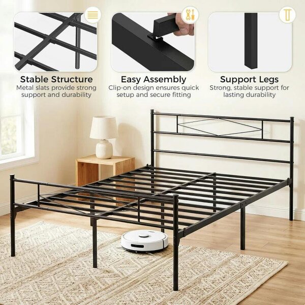 5ft King Bed Frame with Headboard and Footboard, Metal Platform Bed Frame with 32 cm Underbed Storage, Black